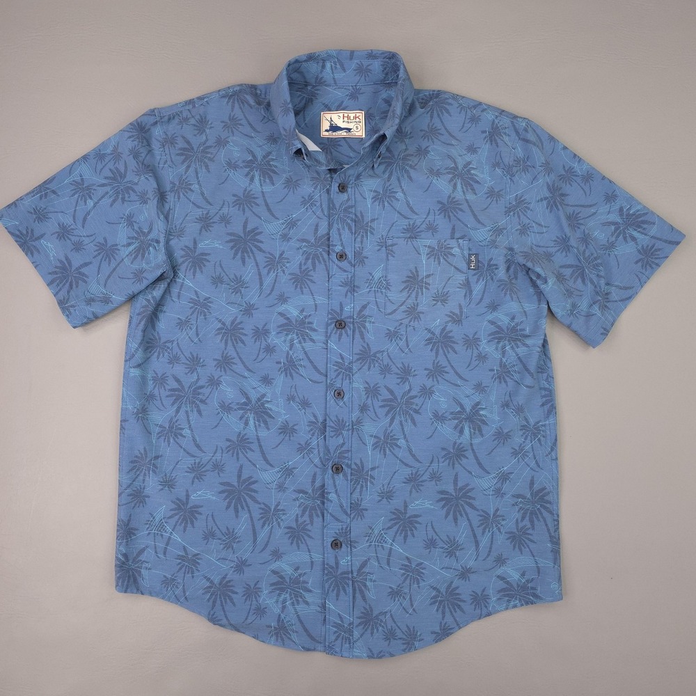 Huk Shirt Mens Small Blue Fish Palm Tree Short Sleeve Button Up Fishing Stretch - Picture 2 of 10